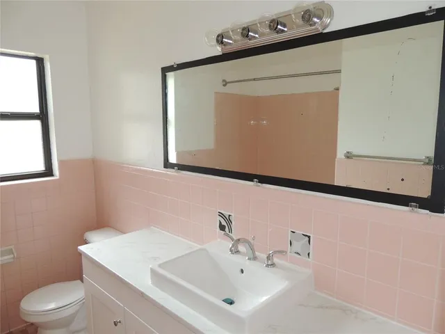 a bathroom with a sink a toilet and mirror