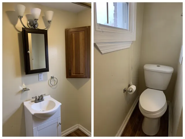 a bathroom with a toilet sink and mirror