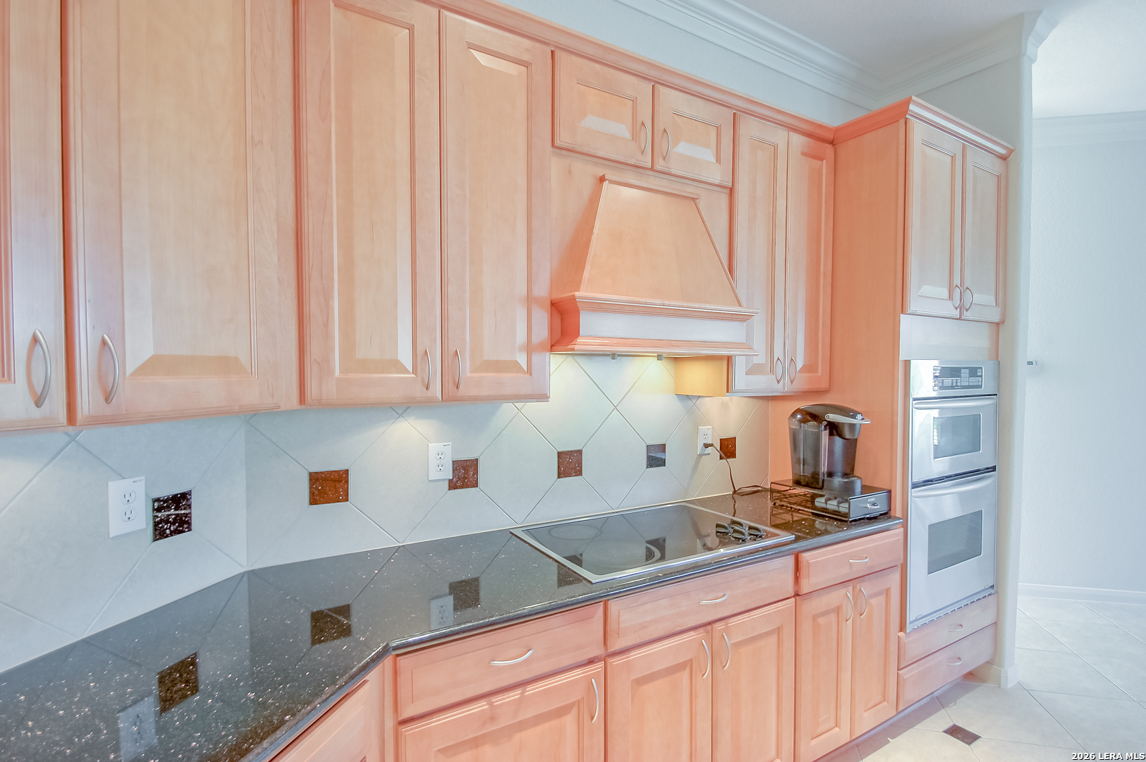 30901 Wood Bine Way Fair Oaks Ranch, TX 78015 - Photo 18 of 23 a kitchen with stainless steel appliances granite countertop a sink a refrigerator and cabinets