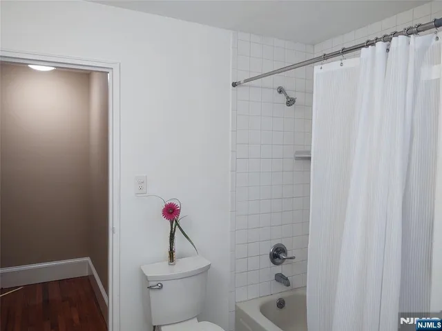a bathroom with a shower a toilet and a window