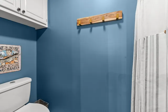 a white toilet sitting next to a shower curtain