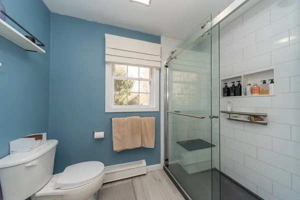 a bathroom with a toilet a sink and shower