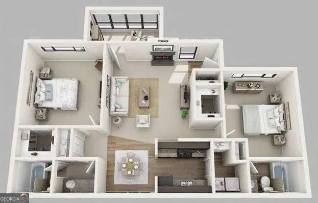 a living room with furniture and white floor