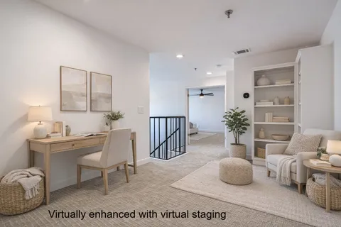 a living room with furniture a rug and potted plant