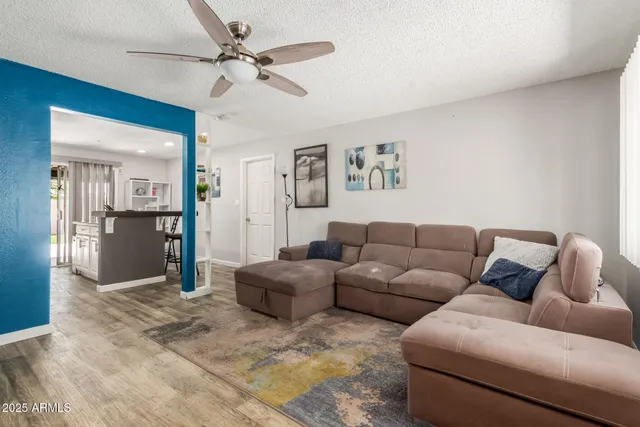 a living room with furniture and a potted plant