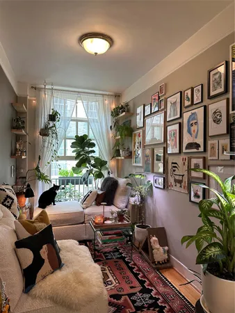 a living room with furniture and a potted plant
