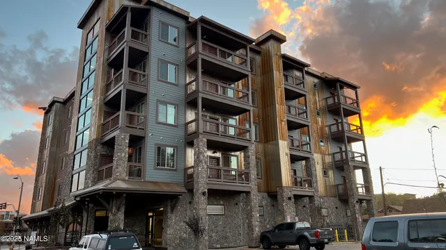 a front view of a multi story building