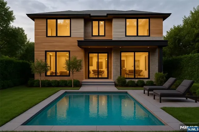 a swimming pool view with a outdoor seating space