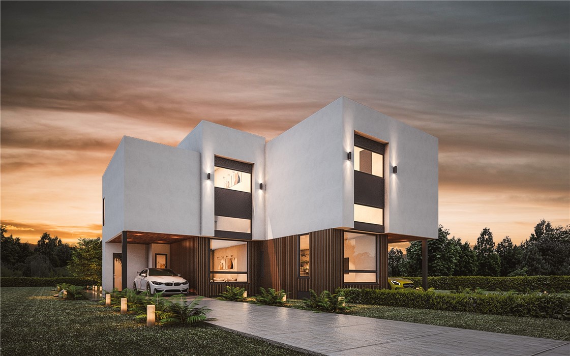 a front view of a building with street view