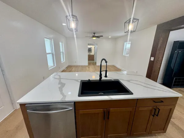 a close view of a sink and dishwasher