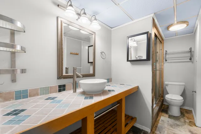 a bathroom with a toilet and a shower