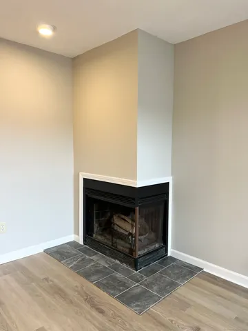 a room with a fireplace