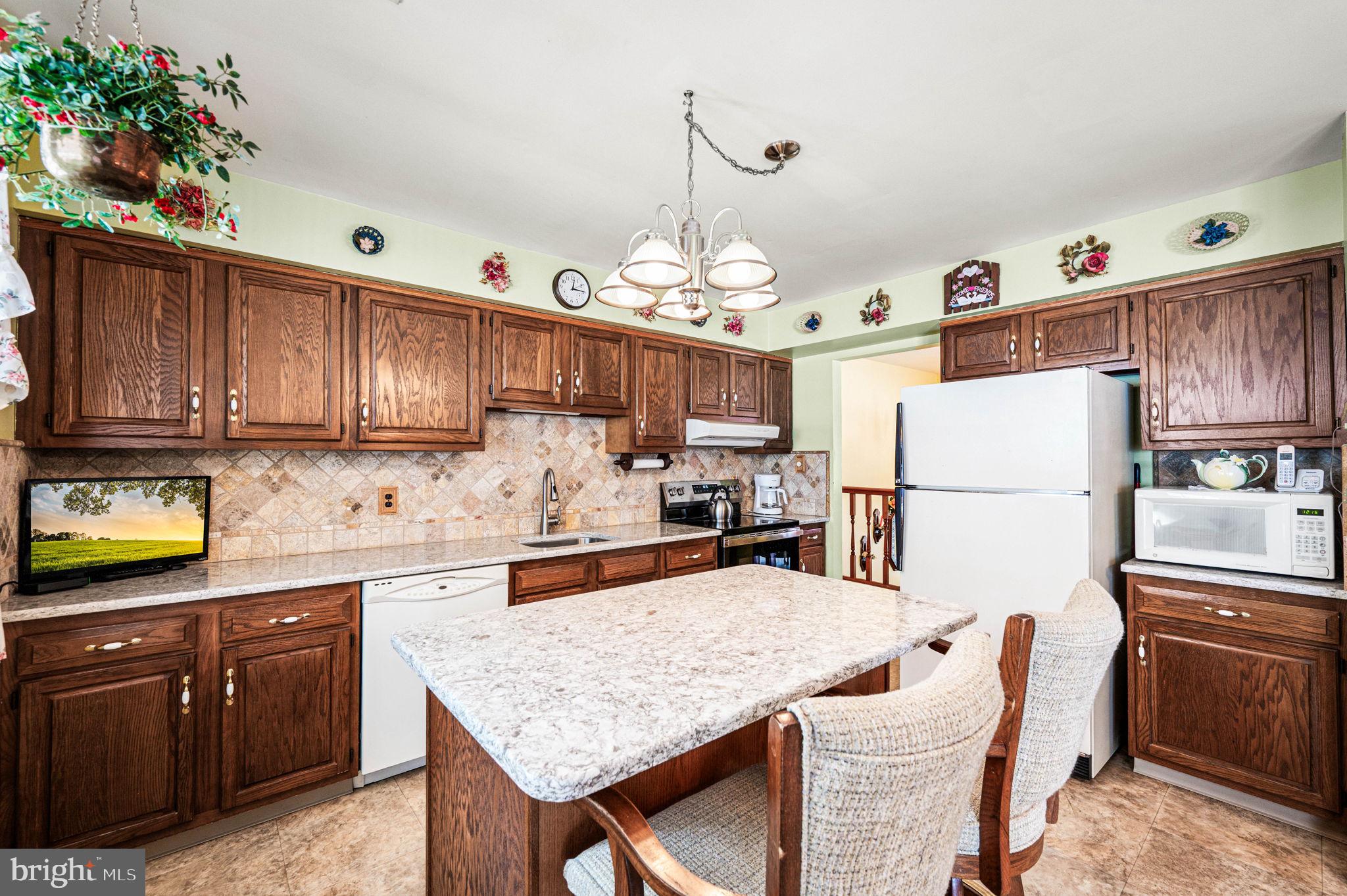 1548 County Line Road Bechtelsville, PA 19505 - Photo 10 of 31 a kitchen with granite countertop a refrigerator a stove a sink dishwasher and wooden cabinets with wooden floor