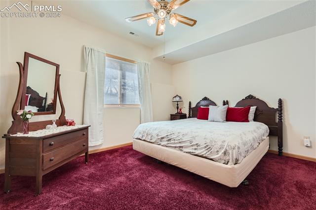 3715 Range View Road Monument, CO 80132 - Photo 30 of 49 Bedroom with dark colored carpet and ceiling fan.