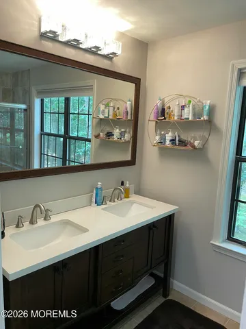 a bathroom with a sink vanity and a mirror
