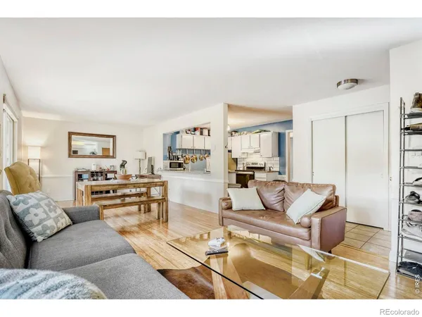 a living room with furniture and a dining table with kitchen view