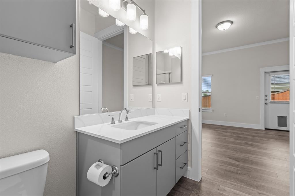 3274 Ganzer Road West, Unit 102B Denton, TX 76207 - Photo 18 of 22 a bathroom with a sink a toilet and a mirror
