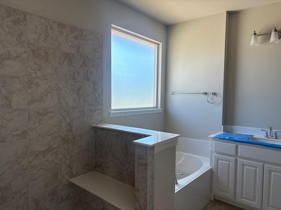 1228 Colca Drive Springtown, TX 76082 - Photo 6 of 9 Bathroom featuring a built-in tub, white vanity with a single sink, tile flooring, and a frosted window