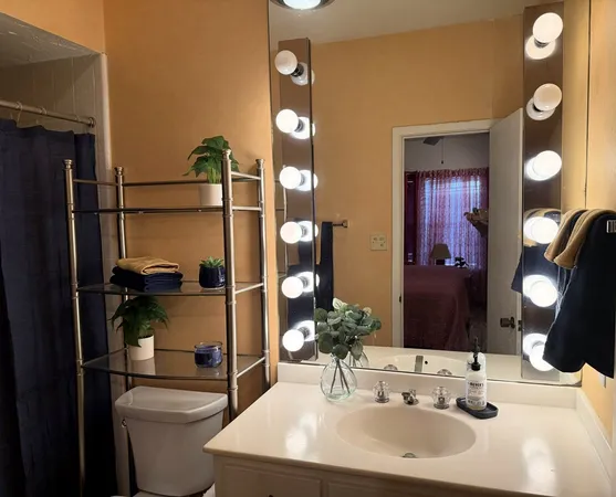 a bathroom with a sink vanity and toilet