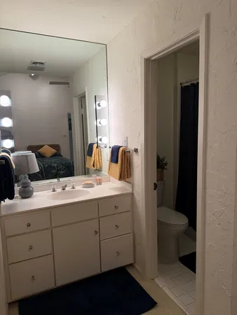 a bathroom with a double vanity sink and toilet