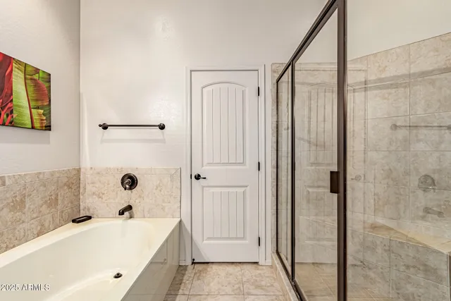 a bathroom with a bathtub and a shower