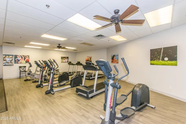 a room with gym equipment and lots of windows