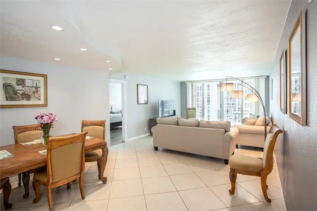 a view of a dining room with furniture