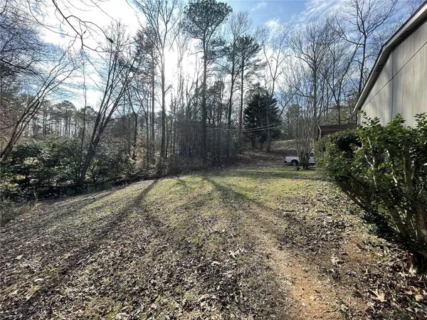 a view of a backyard with large trees