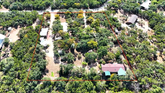 an aerial view of a house with a yard and large trees