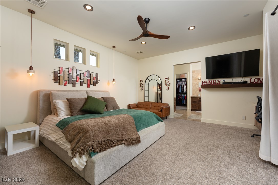 2817 High View Drive Henderson, NV 89014 - Photo 38 of 77 Bedroom with carpet flooring, ceiling fan, a walk in closet, and recessed lighting