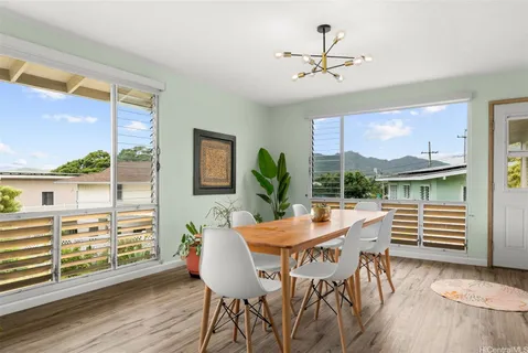 a view of a dining room with furniture window and wooden floor