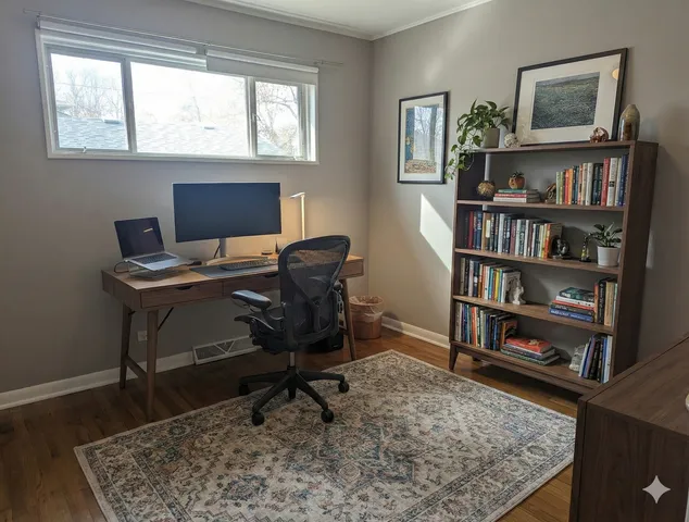 a view of a workspace with a window and cabinet