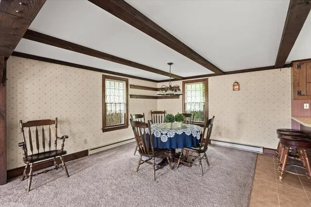 a view of a dining room with furniture window and outside view