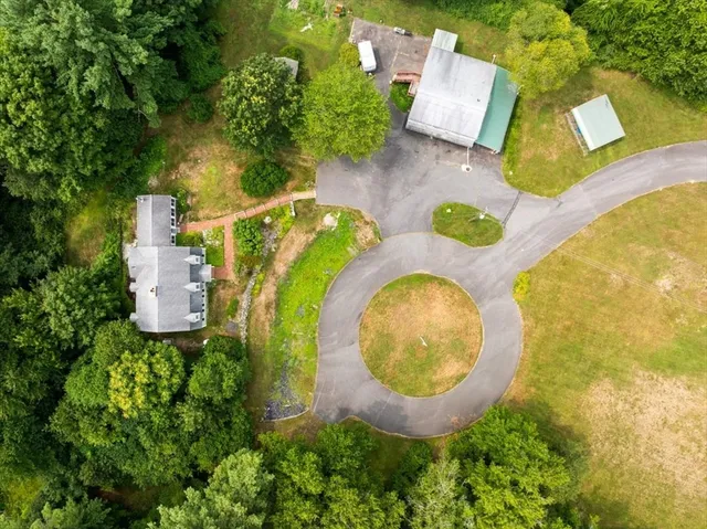 an aerial view of a swimming pool