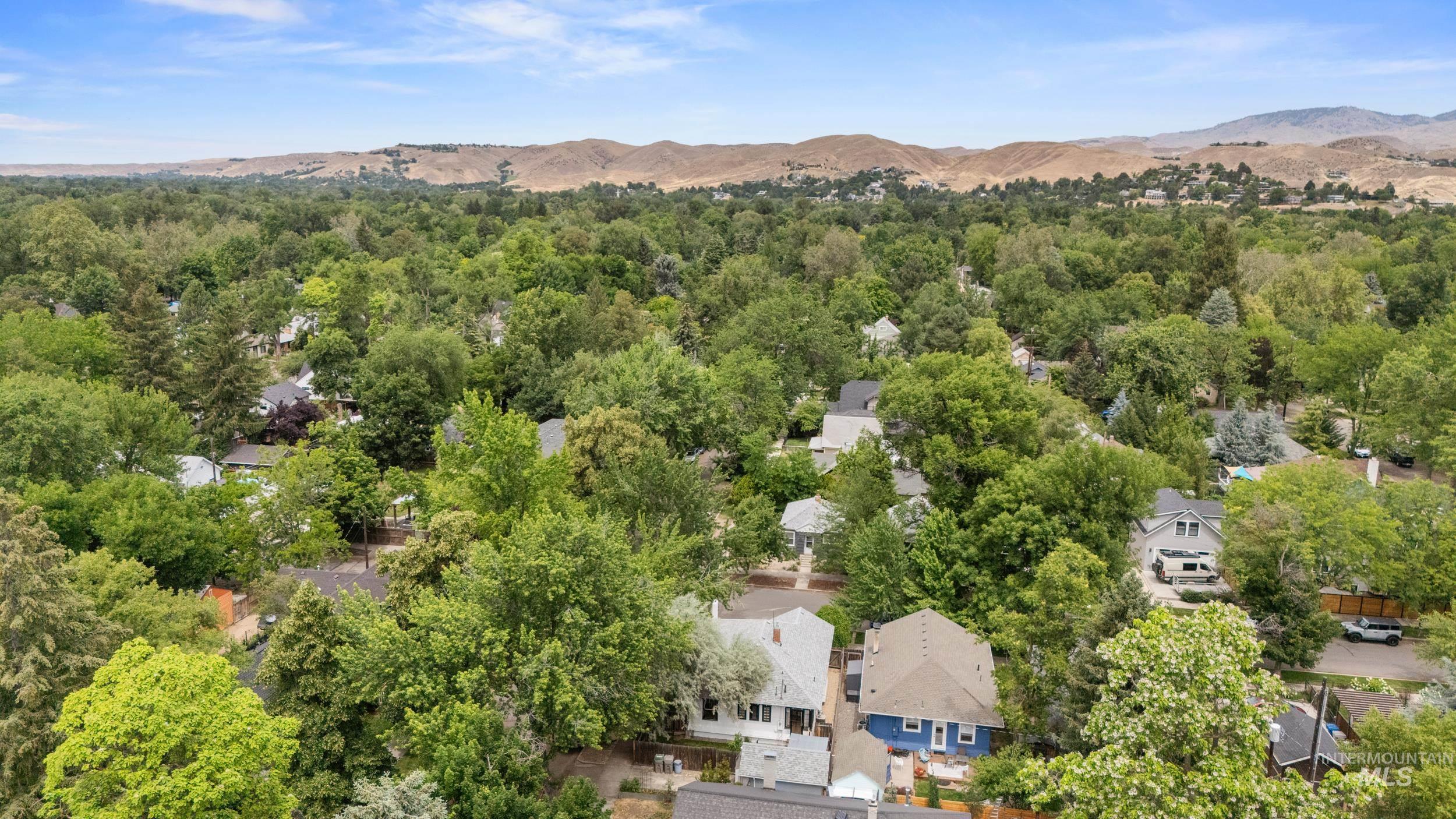 2119 West Brumback Street Boise, ID 83702 - Photo 30 of 30 Expansive aerial perspective showcasing a neighborhood enveloped by mature trees, with distant hills forming a natural backdrop