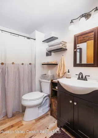 a bathroom with a sink toilet and mirror
