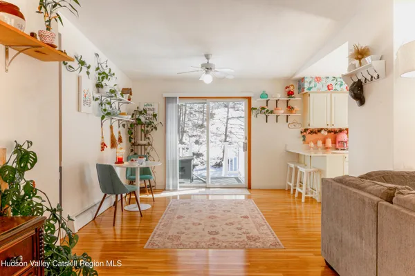 a living room with furniture and a dining table with wooden floor