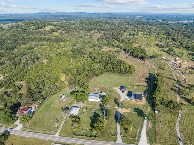 an aerial view of residential houses with outdoor space and trees