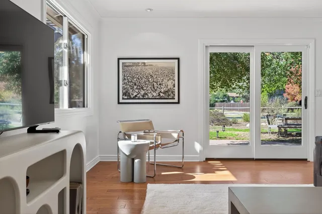 a living room with large window