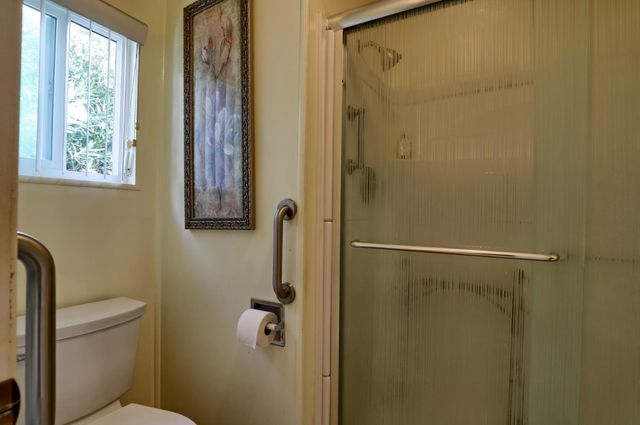 a bathroom with a shower and a toilet