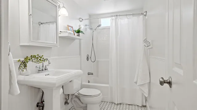 a bathroom with a sink a toilet and shower curtain