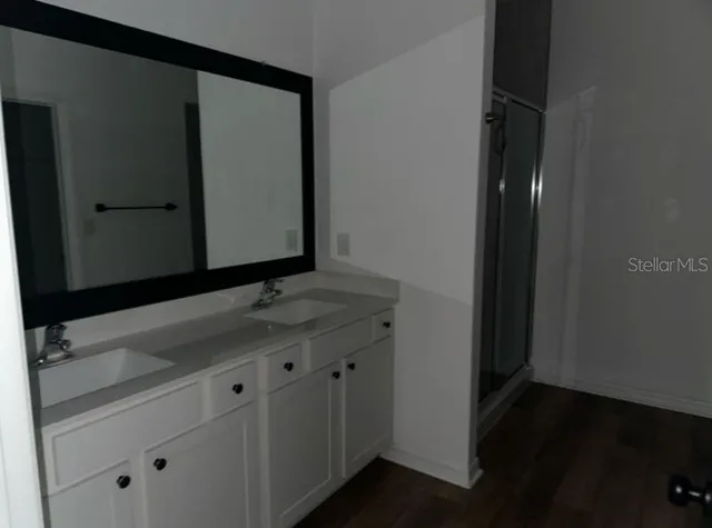 a bathroom with a sink and mirror