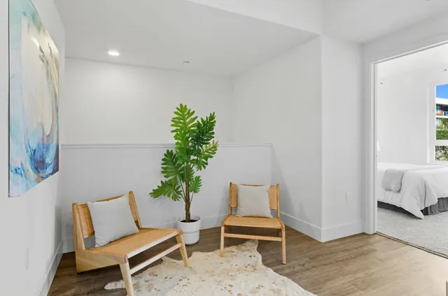 a living room with furniture and a potted plant