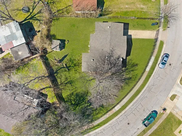 an aerial view of a swimming pool