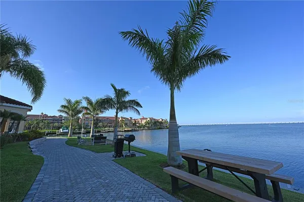 a garden view with a seating space