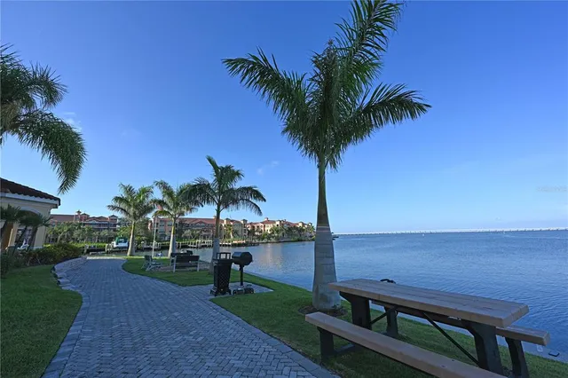 a garden view with a seating space