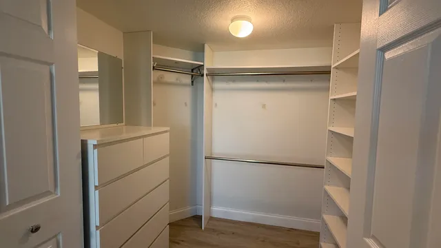 a view of walk in closet with empty racks