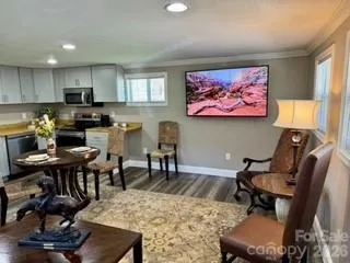 a view of a dining room with furniture