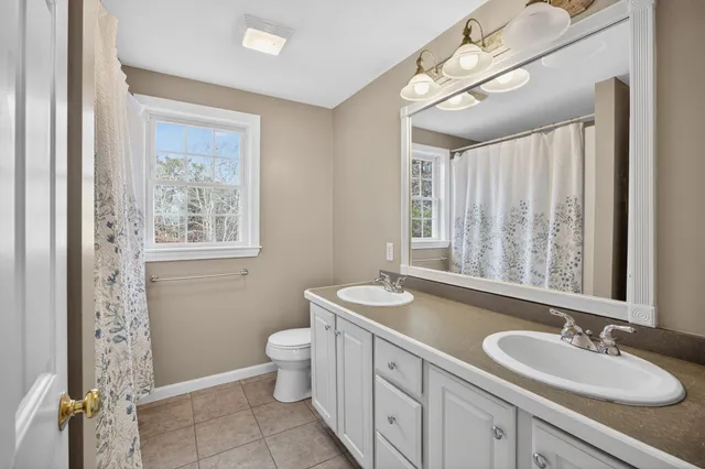 a bathroom with a double vanity sink toilet and a mirror