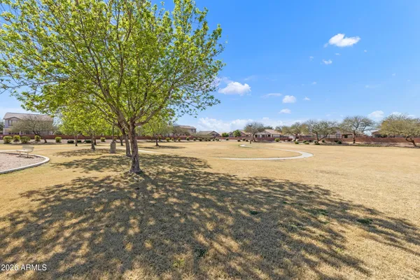 a view of a park with swings